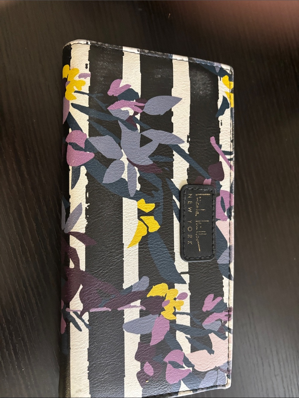 Nicole Miller Black & White Striped Floral Wallet with Purple & Yellow Accents
